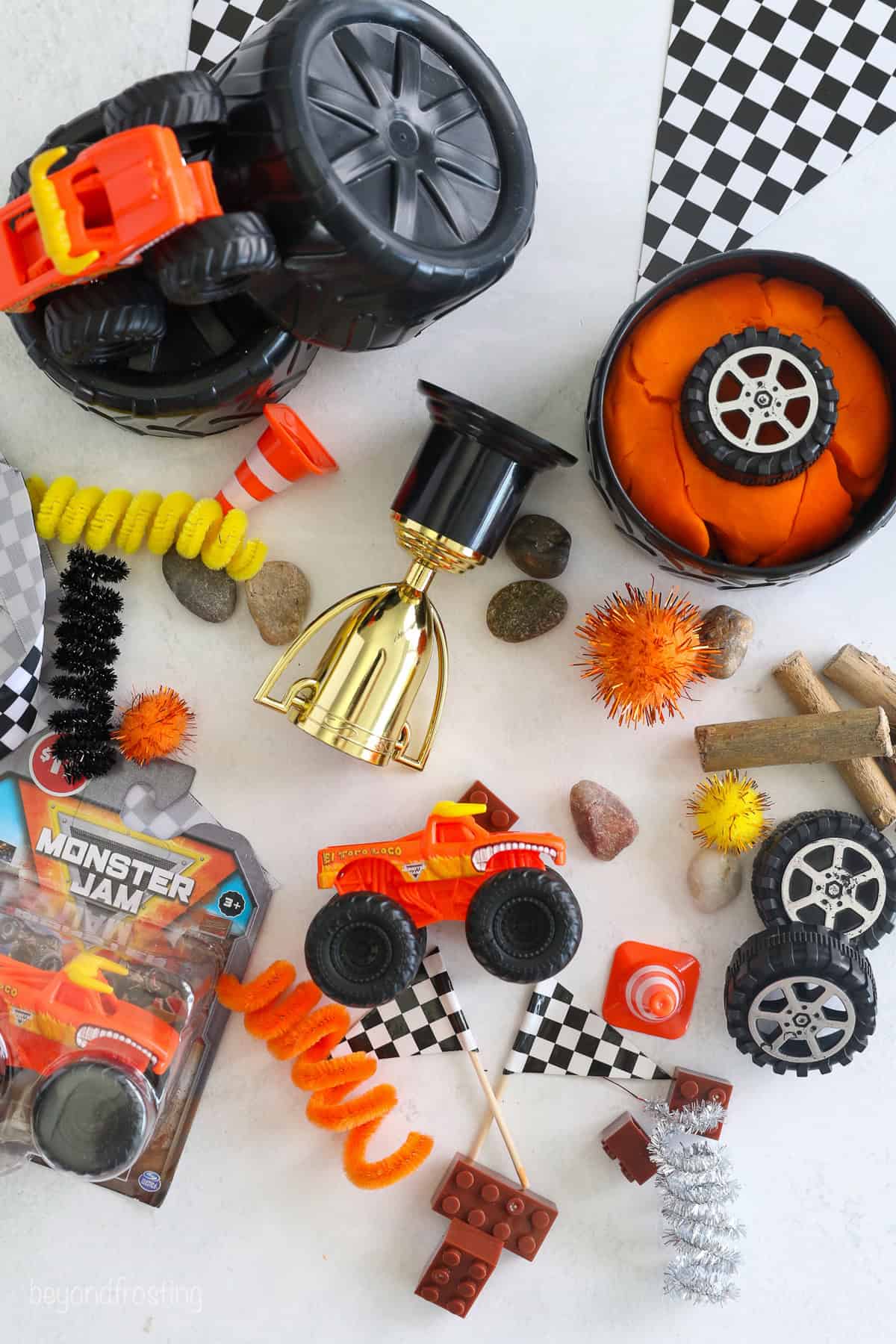 Overhead view of Monster Jam play dough kit contents for a El Toro Loco themed kit.