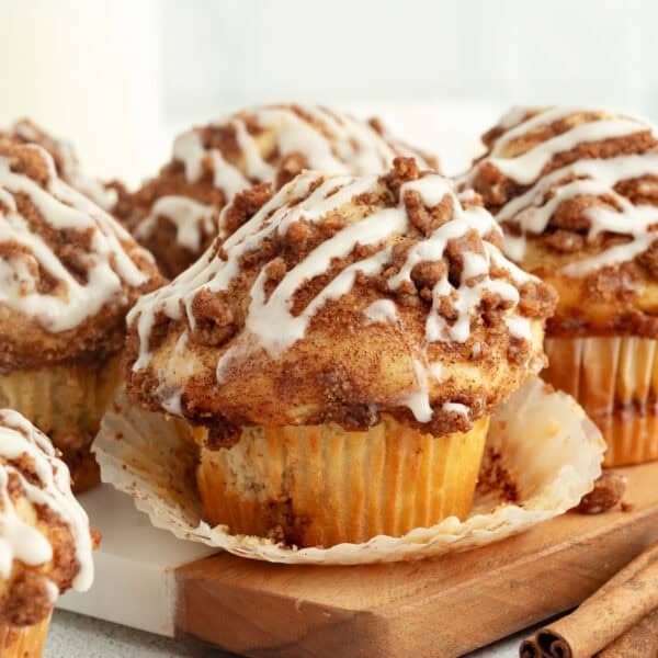 Coffee cake muffins topped with glaze.