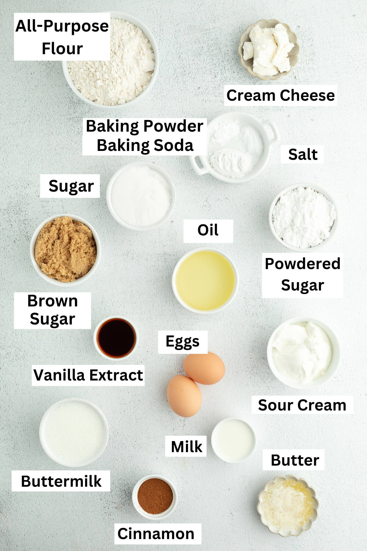 Coffee cake muffins ingredients with text labels overlaying each ingredient.