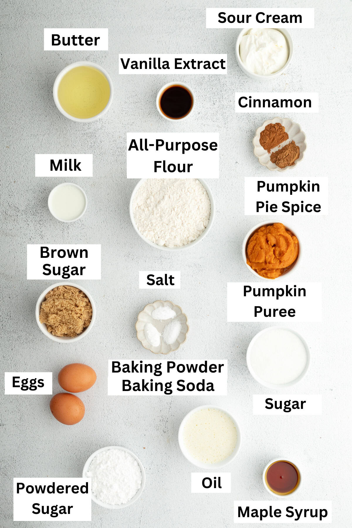 Pumpkin coffee cake ingredients with text labels overlaying each ingredient.