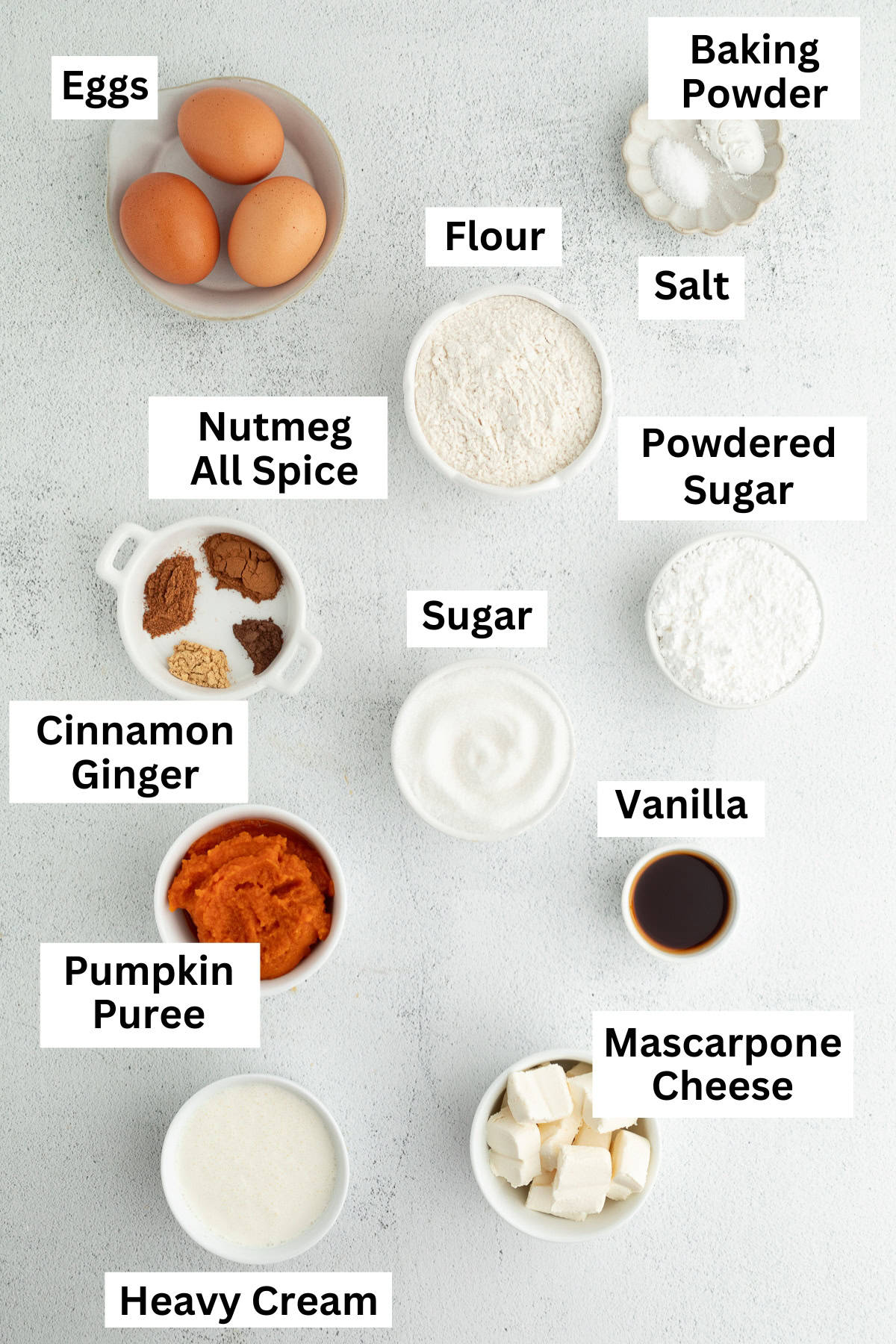 Pumpkin cake roll ingredients with text labels overlaying each ingredient.
