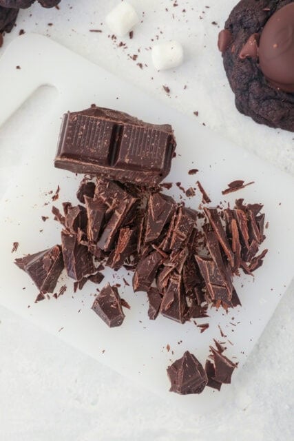 chopped dark chocolate on a cutting board