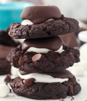 A stack of 3 hot chocolate cookies with a marshmallow in the middle and covered in chocolate