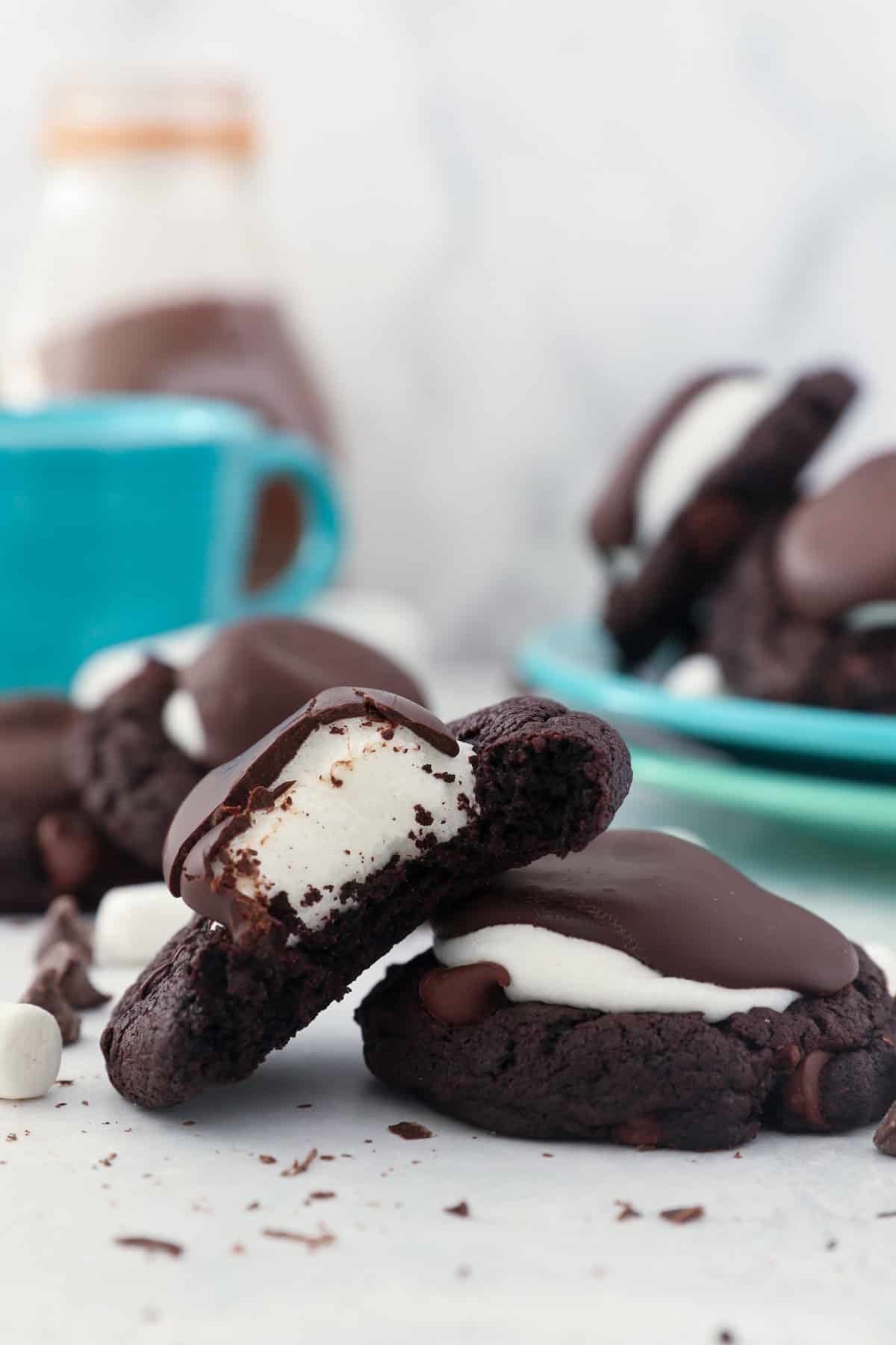 A hot chocolate cookie with bite missing showing the marshmallow instead, leaned up against another cookie.