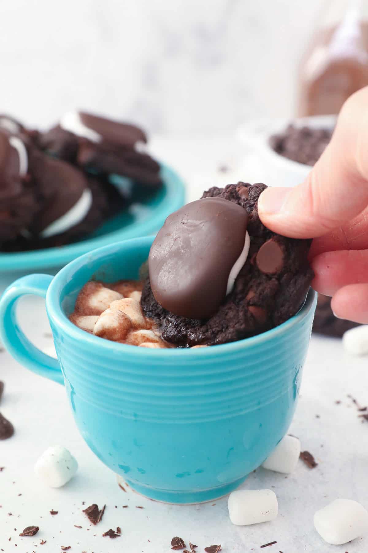 A chocolate cookie being dipped into a teal mug with hot chocolate