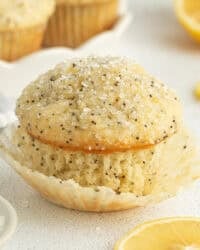 A lemon poppy seed muffin garnished with coarse sugar.