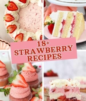 4 images of strawberry dessert with text overlay