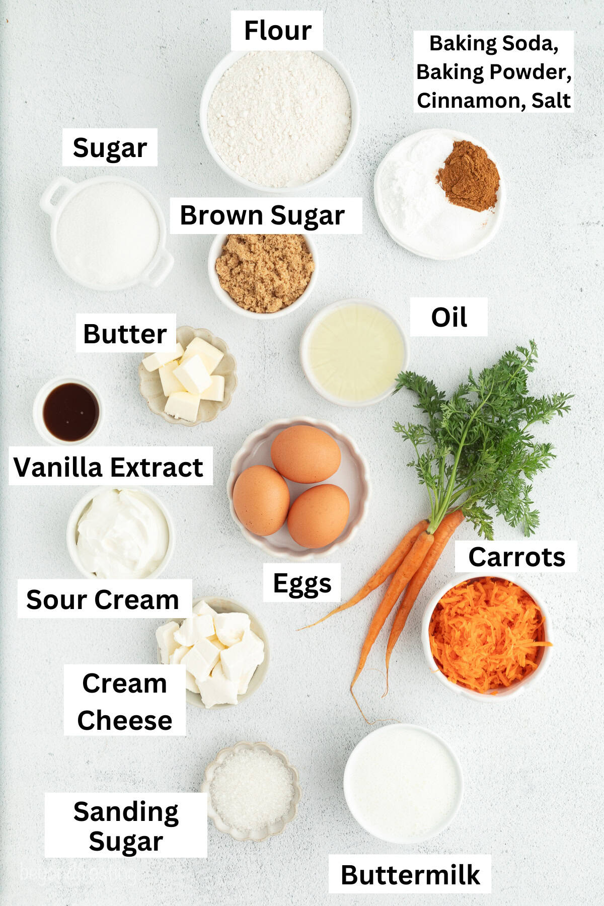 Sweet, moist carrot cake muffins are full of carrot cake flavor! They're easy to make, with the option to add a sweet cream cheese filling. Carrot cake muffins ingredients with text labels overlaying each ingredient.