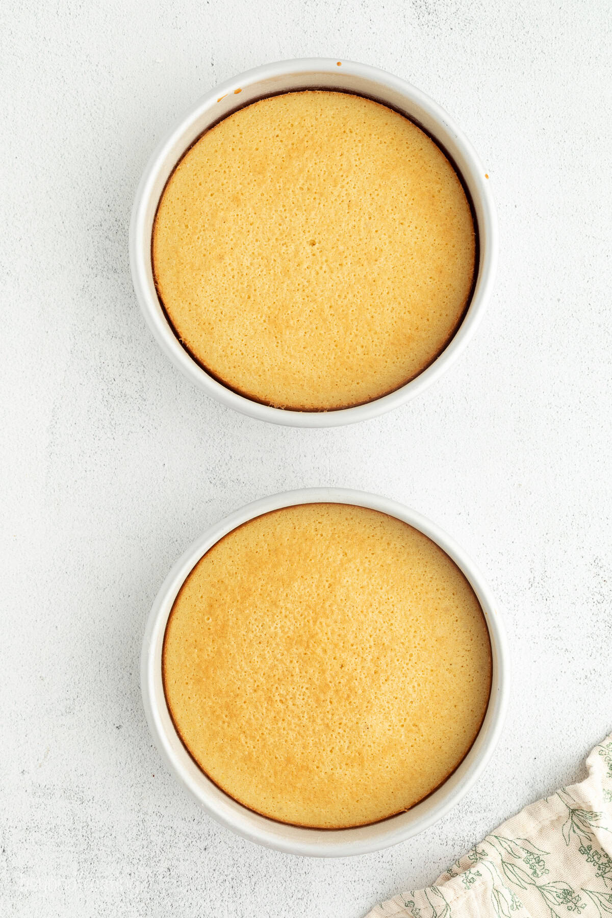 This homemade Boston cream pie is an airy sponge cake filled with pastry cxream and glazed with rich chocolate ganache, all made from scratch! Overhead view of two baked vanilla cake layers in round cake pans.