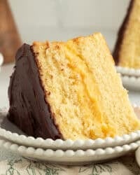 A slice of Boston cream pie with custard filling on a plate.