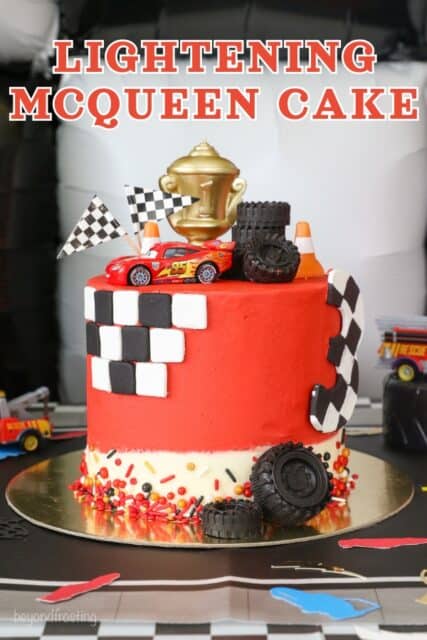 Pinterest title image for Lightning McQueen Cake Tutorial.