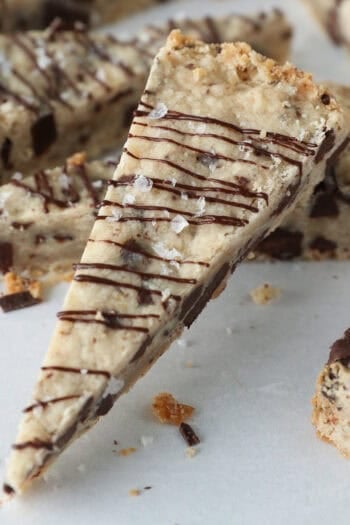 Close up of chocolate chip shortbread.