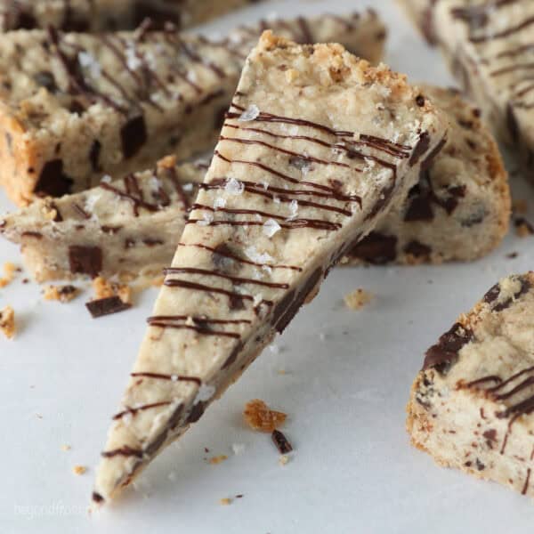 Close up of chocolate chip shortbread.