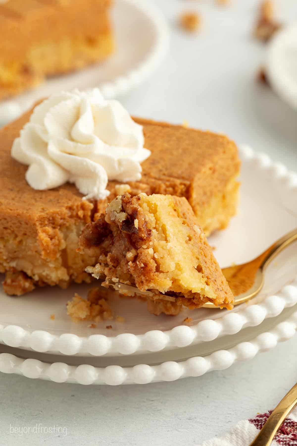 Fall pumpkin crunch cake is an easy, dump cake-style dessert with rich pumpkin filling and a buttery, crunchy cake mix layer with walnuts. A forkful of cake resting next to a slice of pumpkin crunch cake topped with whipped cream.