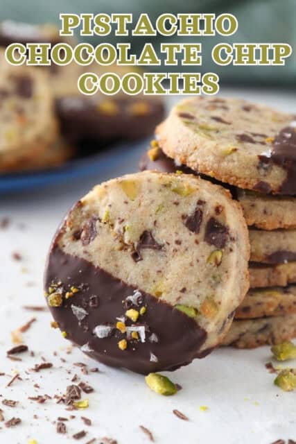 Pinterest title image for Pistachio Chocolate Chip Shortbread Cookies.
