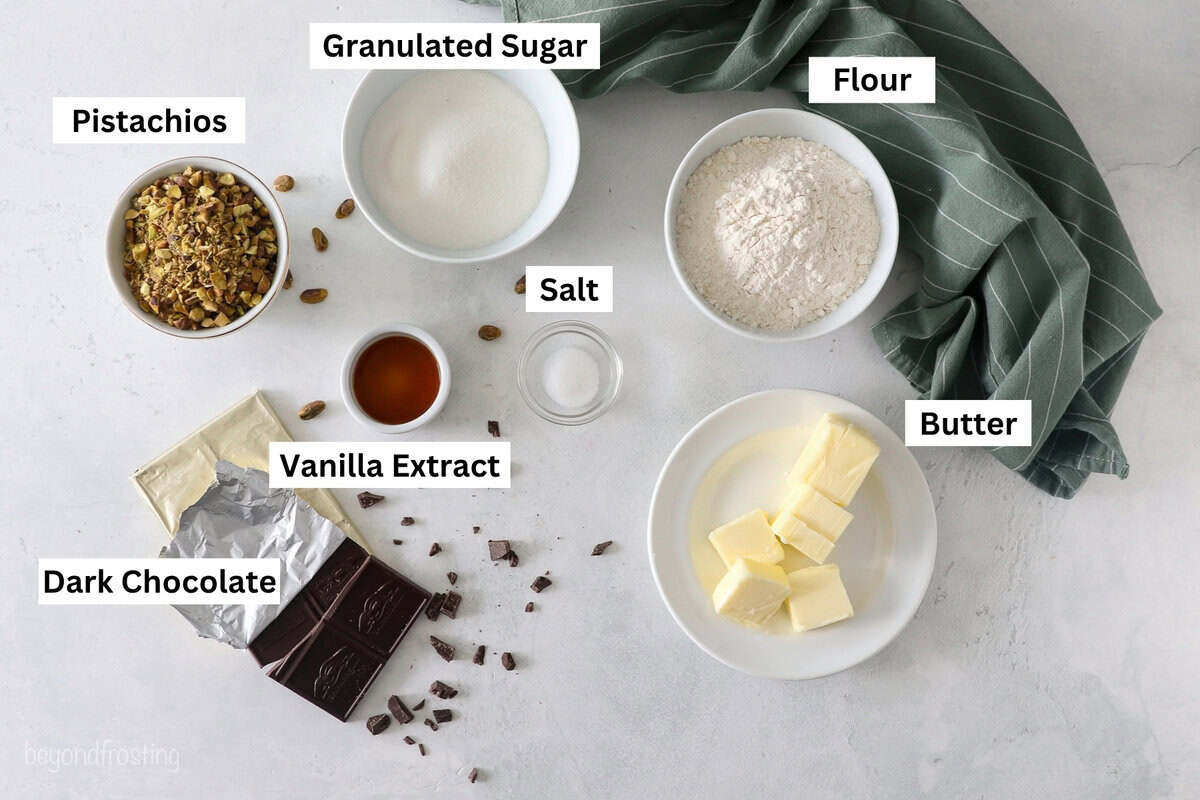 Chocolate pistachio shortbread cookies ingredients.